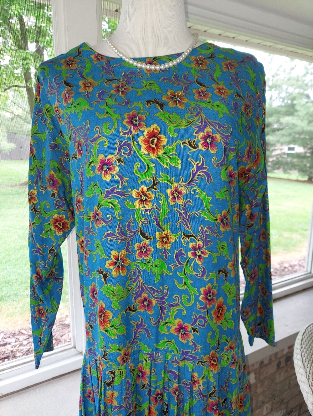 Vintage Pier 1 Passports Gold Green Blue Floral Long-Sleeve Drop Waisr Dress S
